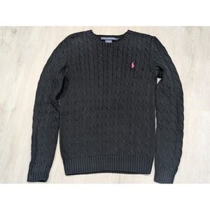 Ralph Lauren Sport Sweater Womens Large Black Cable Knit Pullover Pink Pony Logo